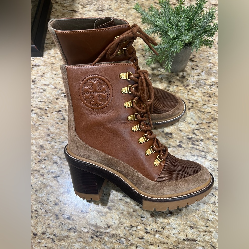 Tory Burch Miller High Block Brown Leather Suede Lace Up Combat Boots 7.5M